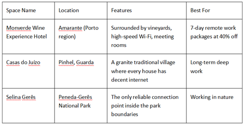 Table listing unique work-friendly stays in Portugal with location, features and best use cases