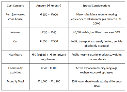 Monthly cost breakdown table for Southern Italy, including rent, internet, car and healthcare expenses