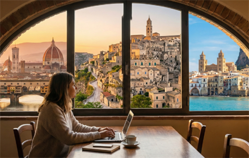 Woman working on a laptop at a wooden table, looking out an arched window with views of Florence and Tuscan towns