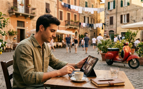 Digital nomad working on a tablet at a European cafe