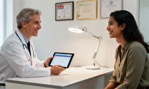 Doctor consulting with a patient using a digital tablet in a modern clinic