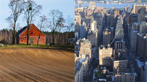 Side-by-side comparison of rural countryside vs. dense city life