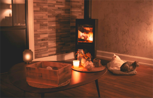Two cats are beside the fireplace in a room in Portugal.